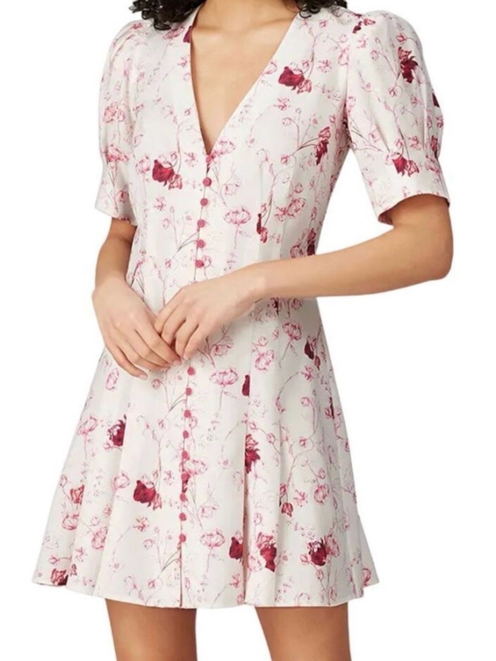Chelsea and Walker Floral Button-Front V-Neck Mini Dress - Pink Floral on Ivory